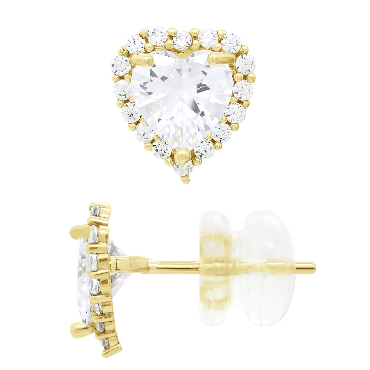 Boucles d'Oreilles - Orné d'un Oxyde de Zirconium en forme de Coeur et entourrage en Oxydes de Zirconiums - Or Jaune