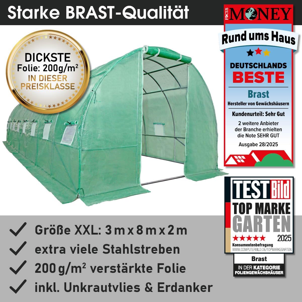 BRAST Gewächshaus Foliengewächshaus mit Stahlfundament | 2x3m - 3x8m | inkl. Erdanker Unkrautvlies & 16 Aufrollbare Fenster mit Moskitonetz | UV-stabilisierte Gitterschutzfolie 200g/m² | 300x800cm