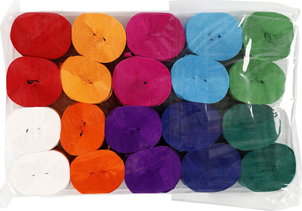 Crepepapir Ruller - L 20 M - B 5 CM - 22 G - Assorterede Farver - 20 Ruller