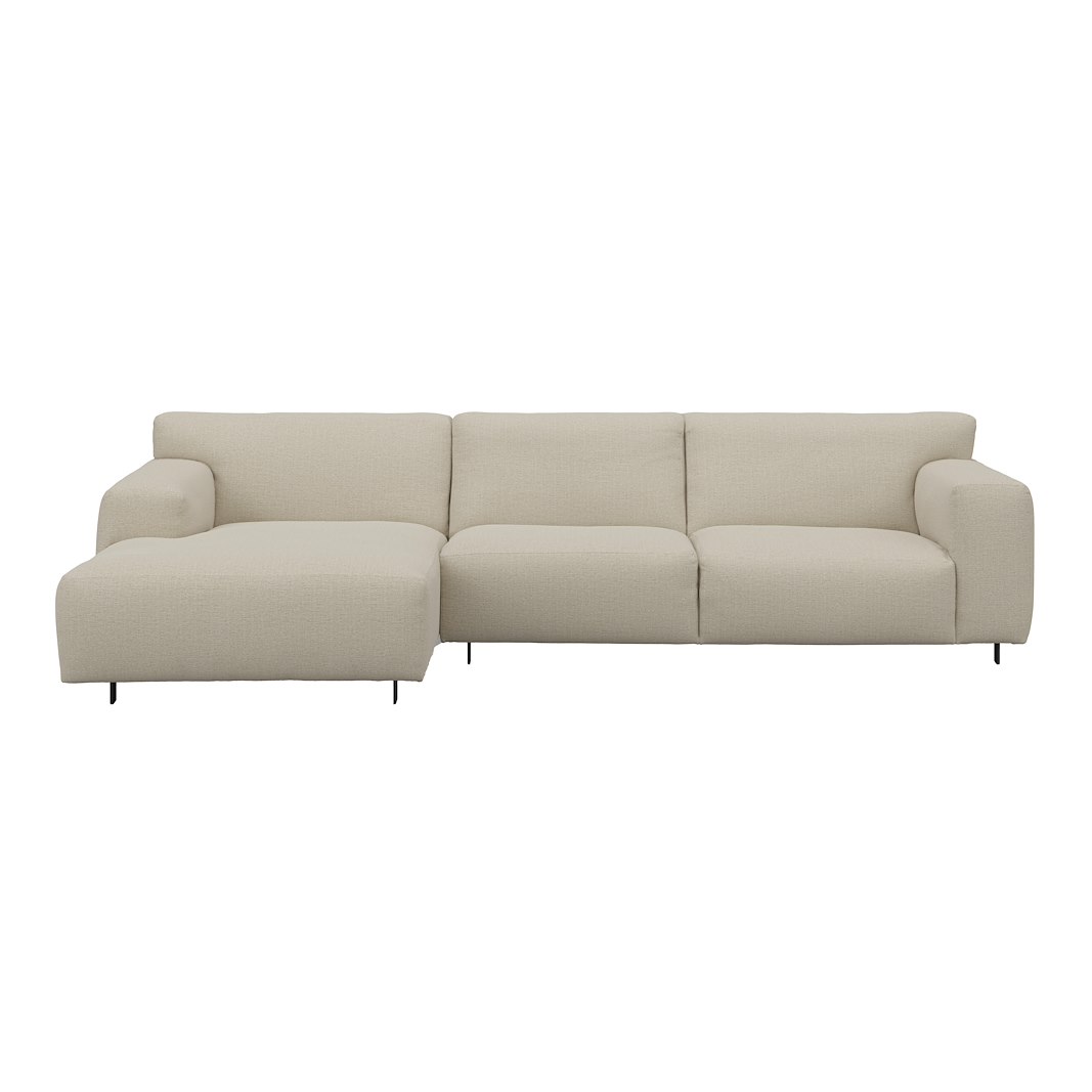 Vesta 2,5-seter med sjeselong venstre I Tekstil Cortina Sand, standardsøm, sort metallben 10 cm, Comfort CM