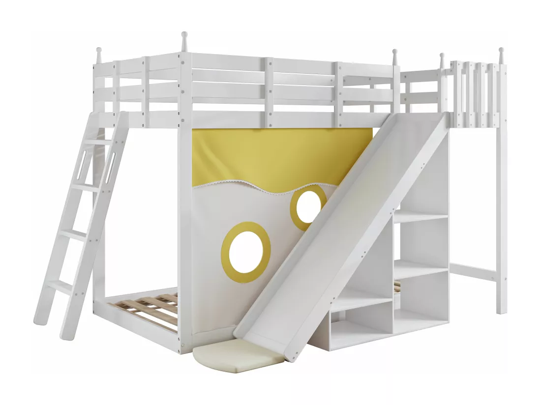 Lit superposé pour enfants avec escalier et barrière, rideaux de lit, toboggan et étagère, blanc (90x200 cm)