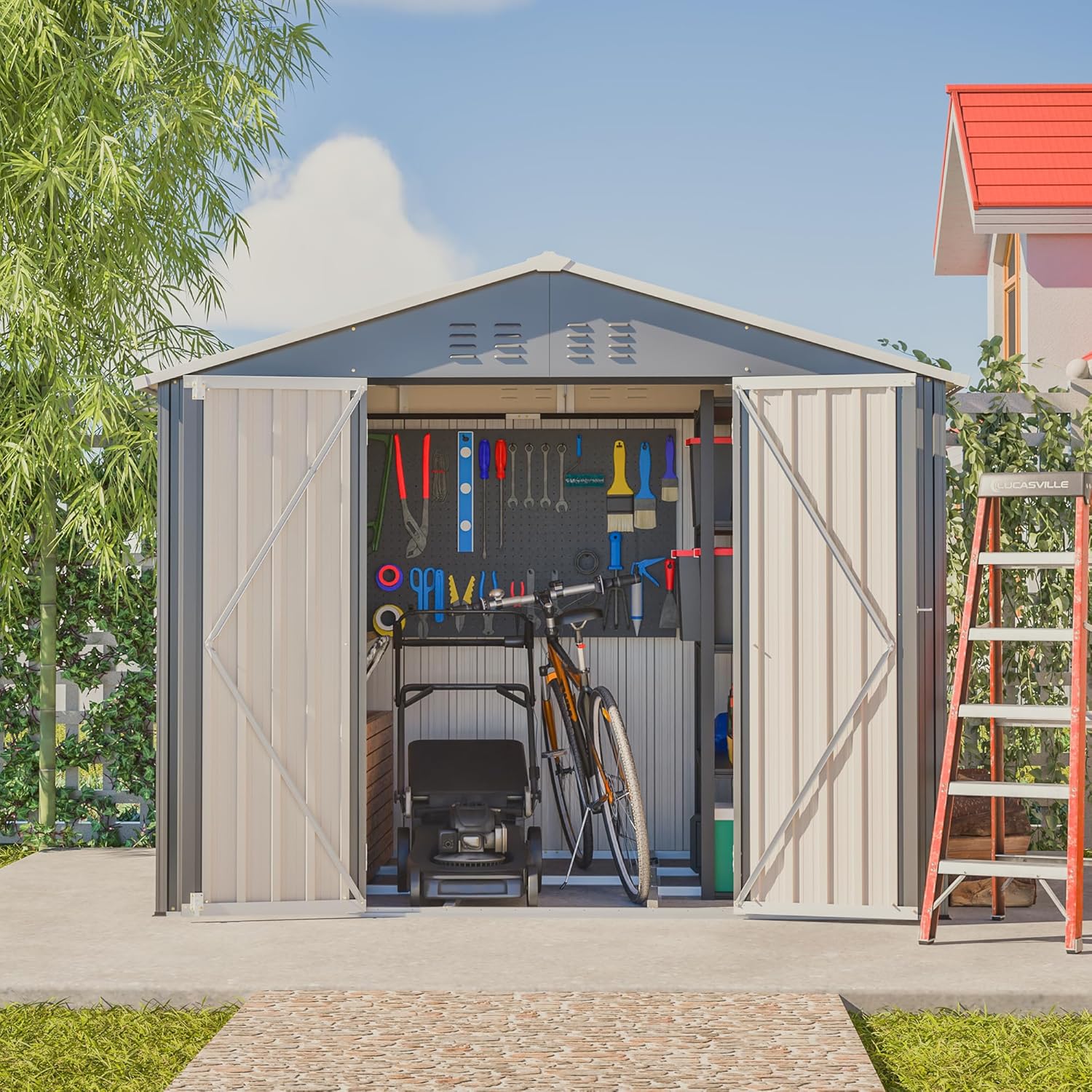 LANTRO JS Gerätehaus Metall 9m³, Geräteschuppen Metall Schuppen mit Klapptür, Gerätehäuser Blech für Werkzeugaufbewahrung, Grau 229.4x180x191cm