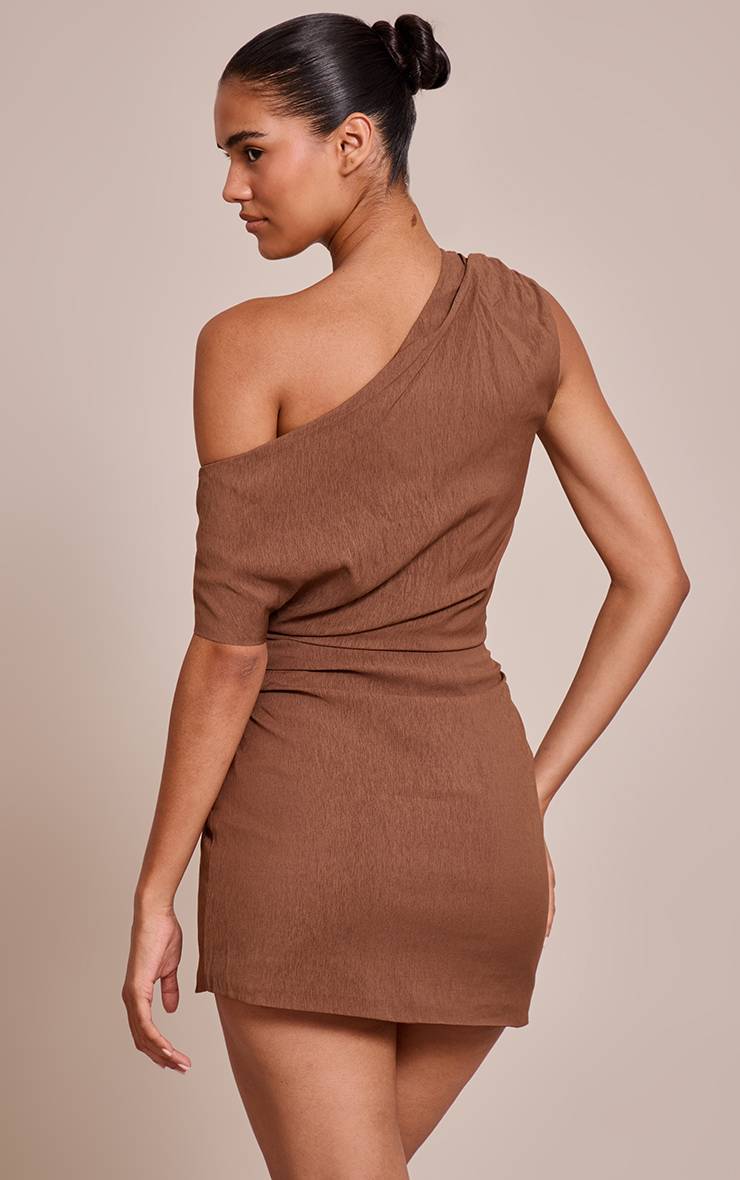 Chocolat Robe Courte Droite Texturée Asymétrique À Une Épaule