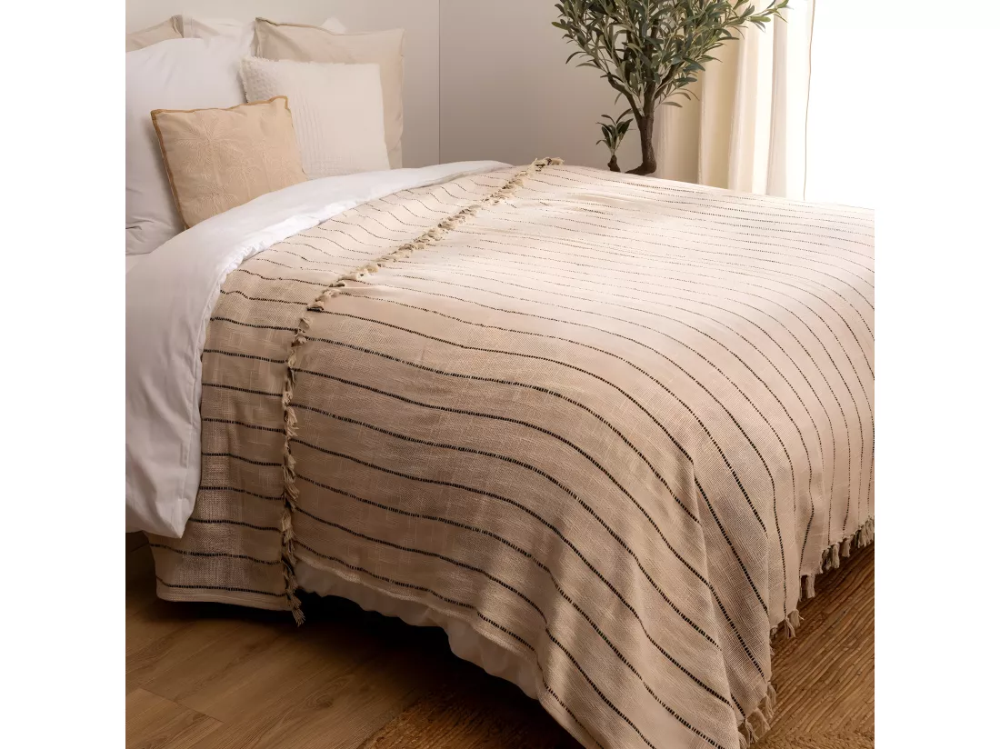 Dessus de Lit en Coton Beige avec franges et rayures kaki 240 x 260 cm