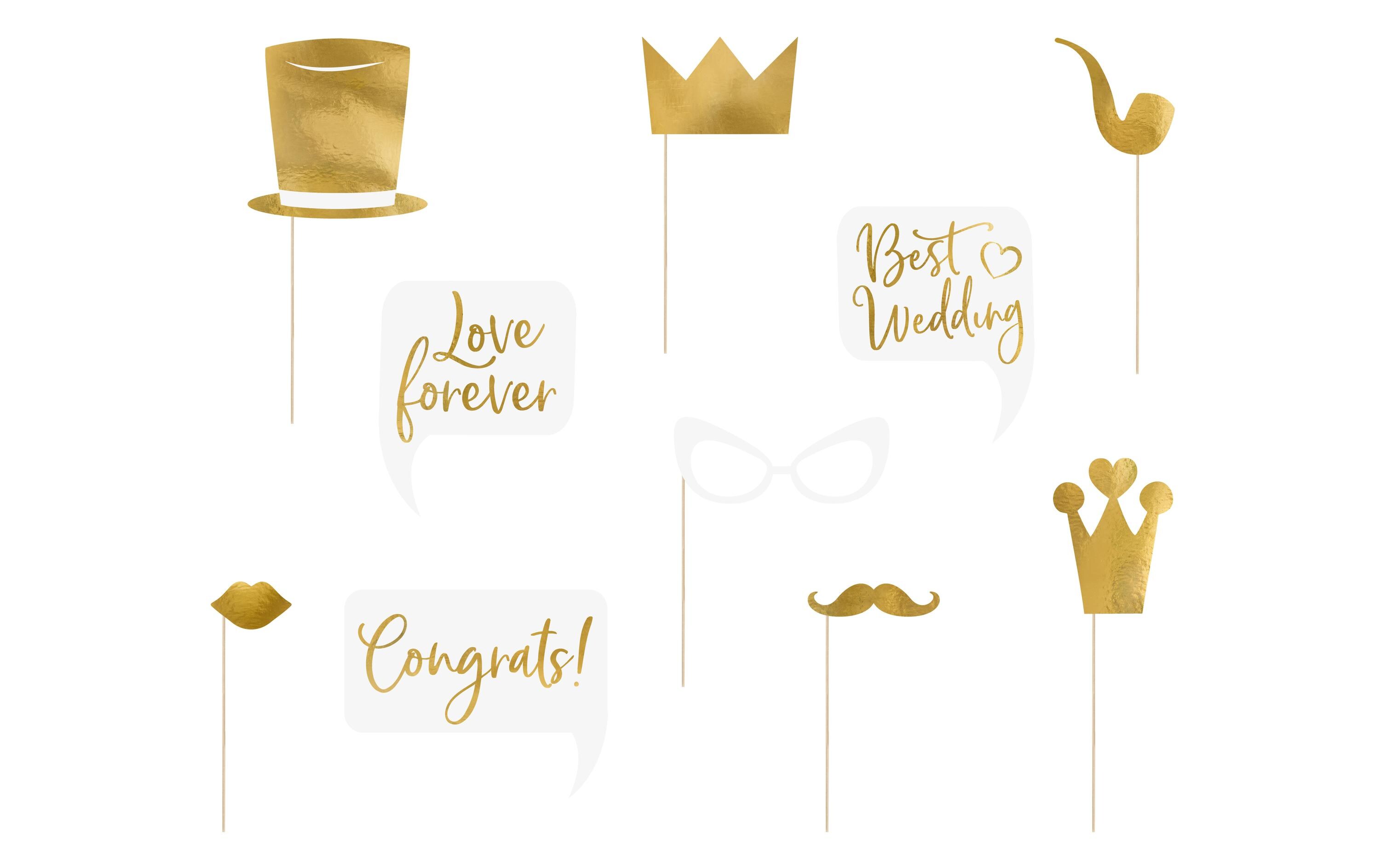 Hochzeitsaccessoire Photo Booth Wedding Set 10-teilig, GoldLusige Fotorequisiten für die Hochzeit, für die Braut, den Bräutigam, die Familie, Kollegen und alle anderen Gäste
