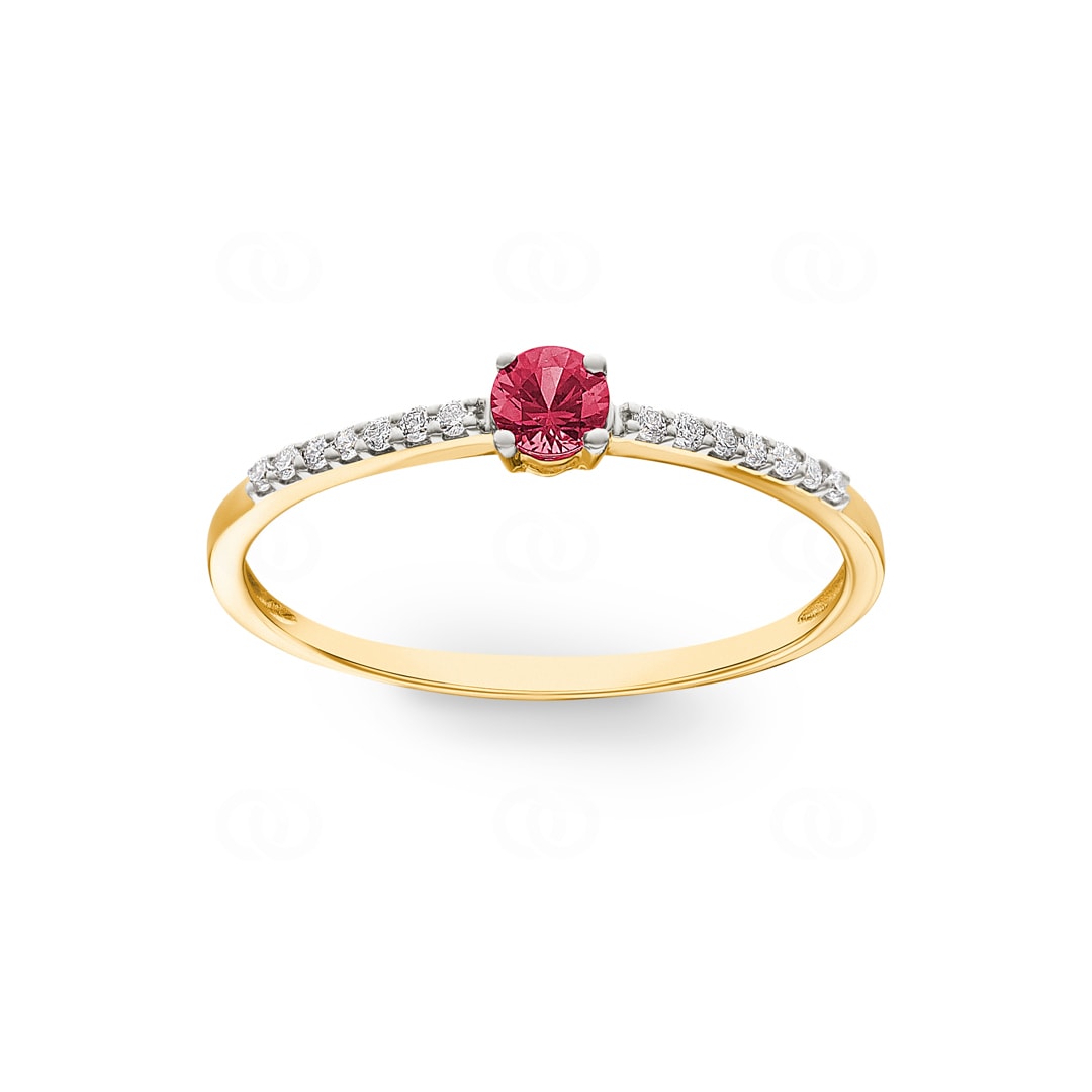 Damenring 750/18 K Gelbgold mit Rubin rund & Diamanten 0.07 ct H/si