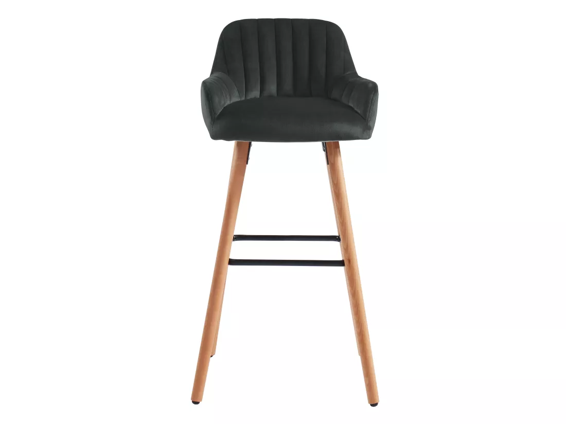 Tabouret de bar en velours et pieds bois de hêtre - Noir - ELEANA