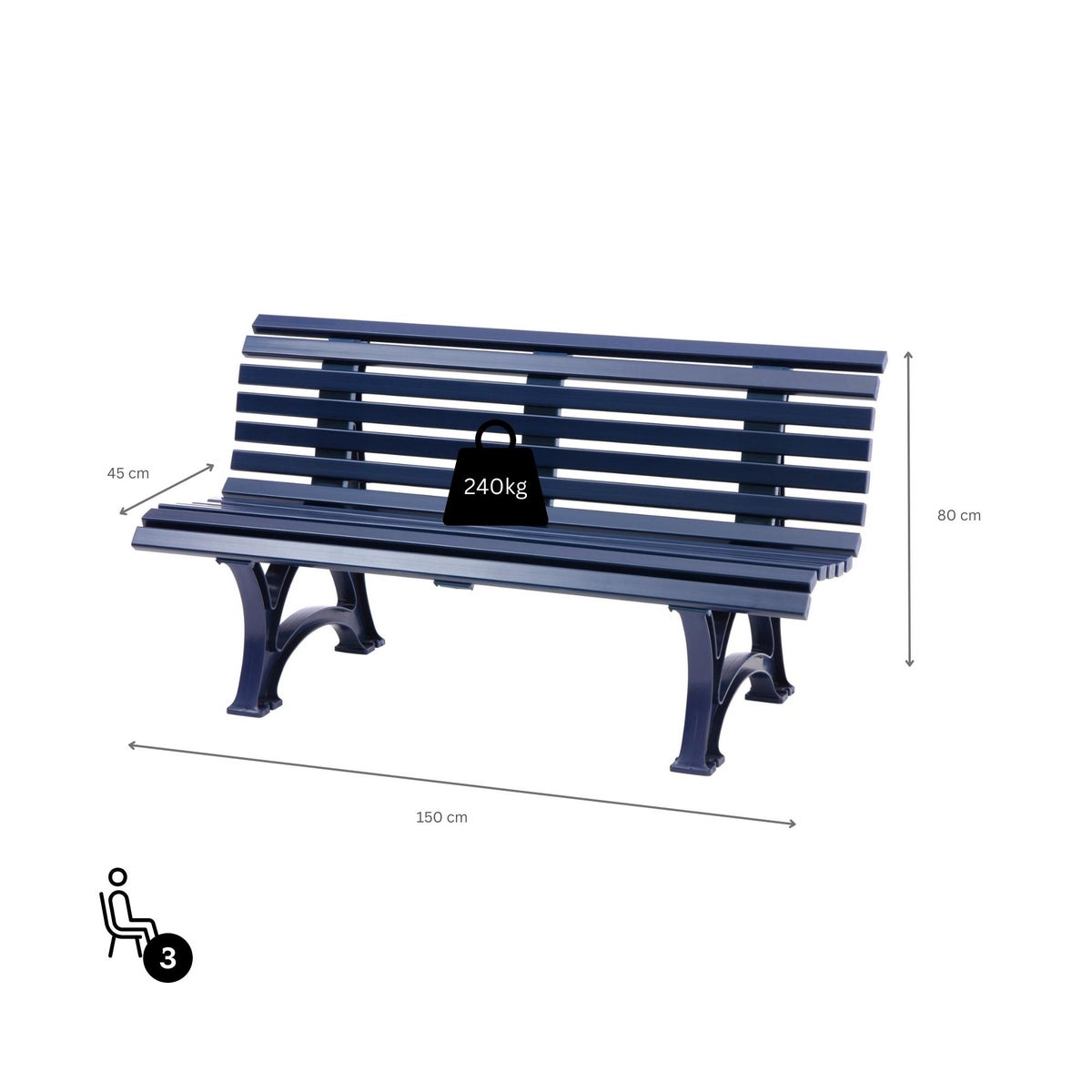 PROREGAL Jamaica tuinbank, 3-zits, blauw, hxbxd 80 x 150 x 64 cm, weerbestendig en uv-bestendig kunststof, parkbank, zitting