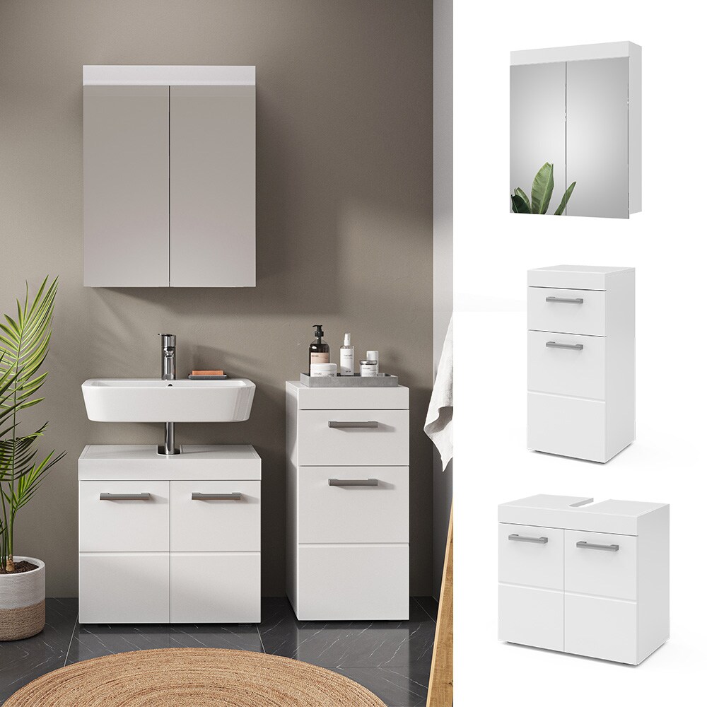Vicco Badmöbelset Luna Weiß Skandi Badezimmerschrank Badschrank Waschtischunterschrank Spiegelschrank Midischrank Schranktür Schrankfach Schrankschublade Ablage Aufbewahrung