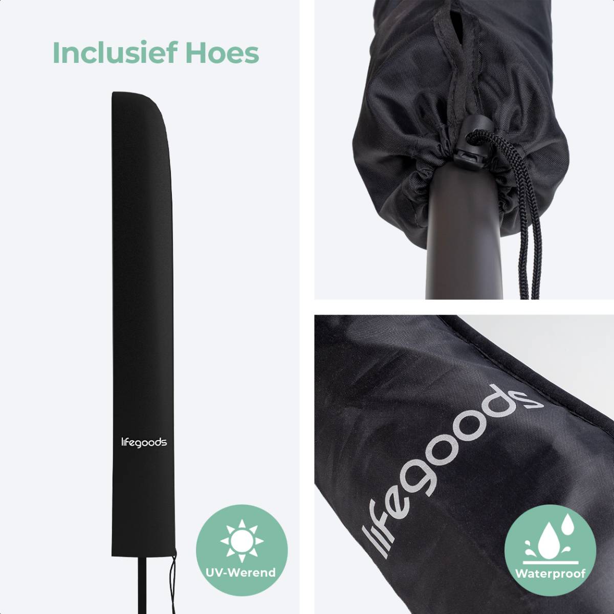 LifeGoods 200 x 125 cm parasol met hoes - Dark Grey