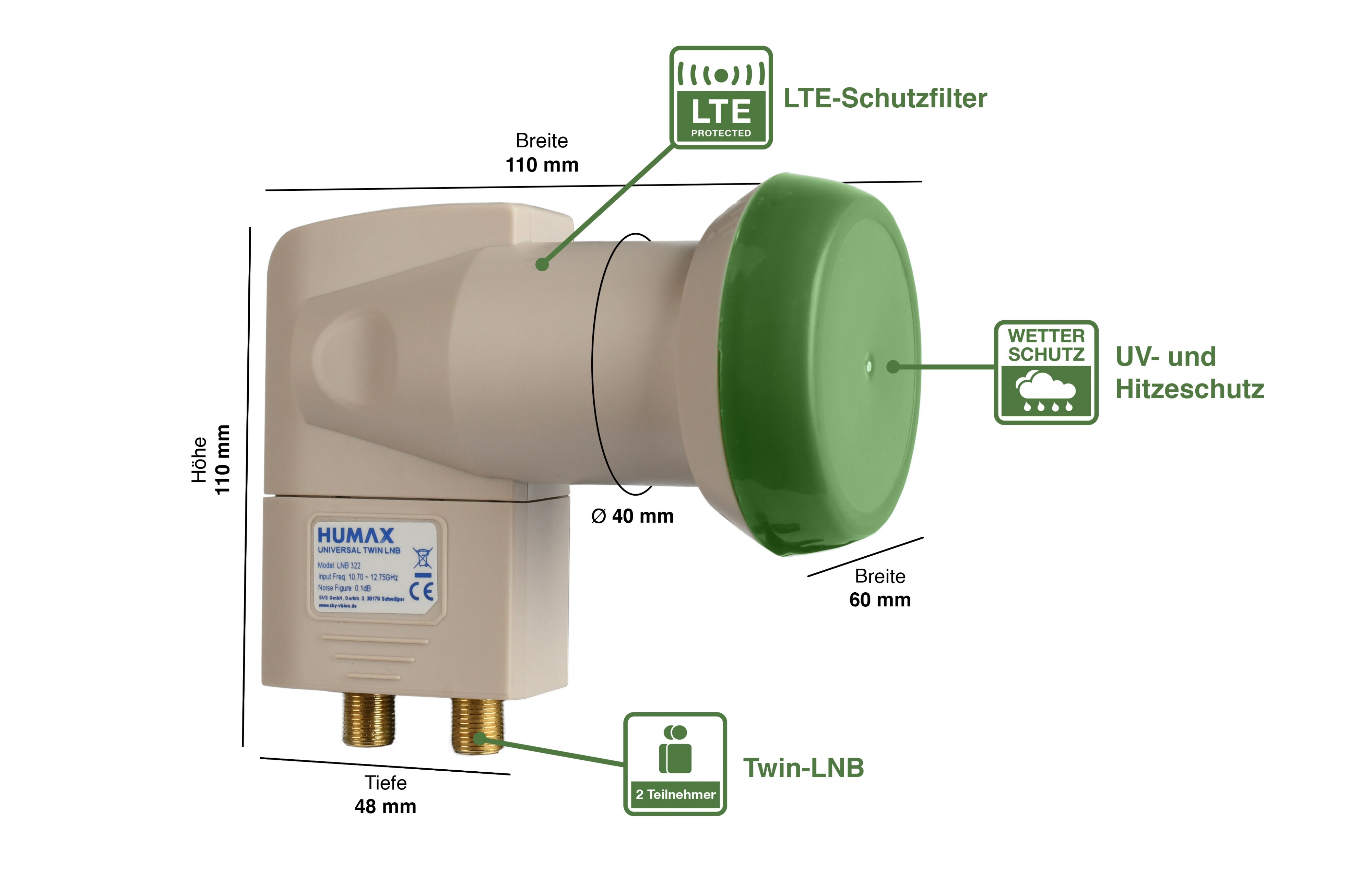 Humax Green Power Twin LNB, LTE Filter, geringe Stromaufnahme