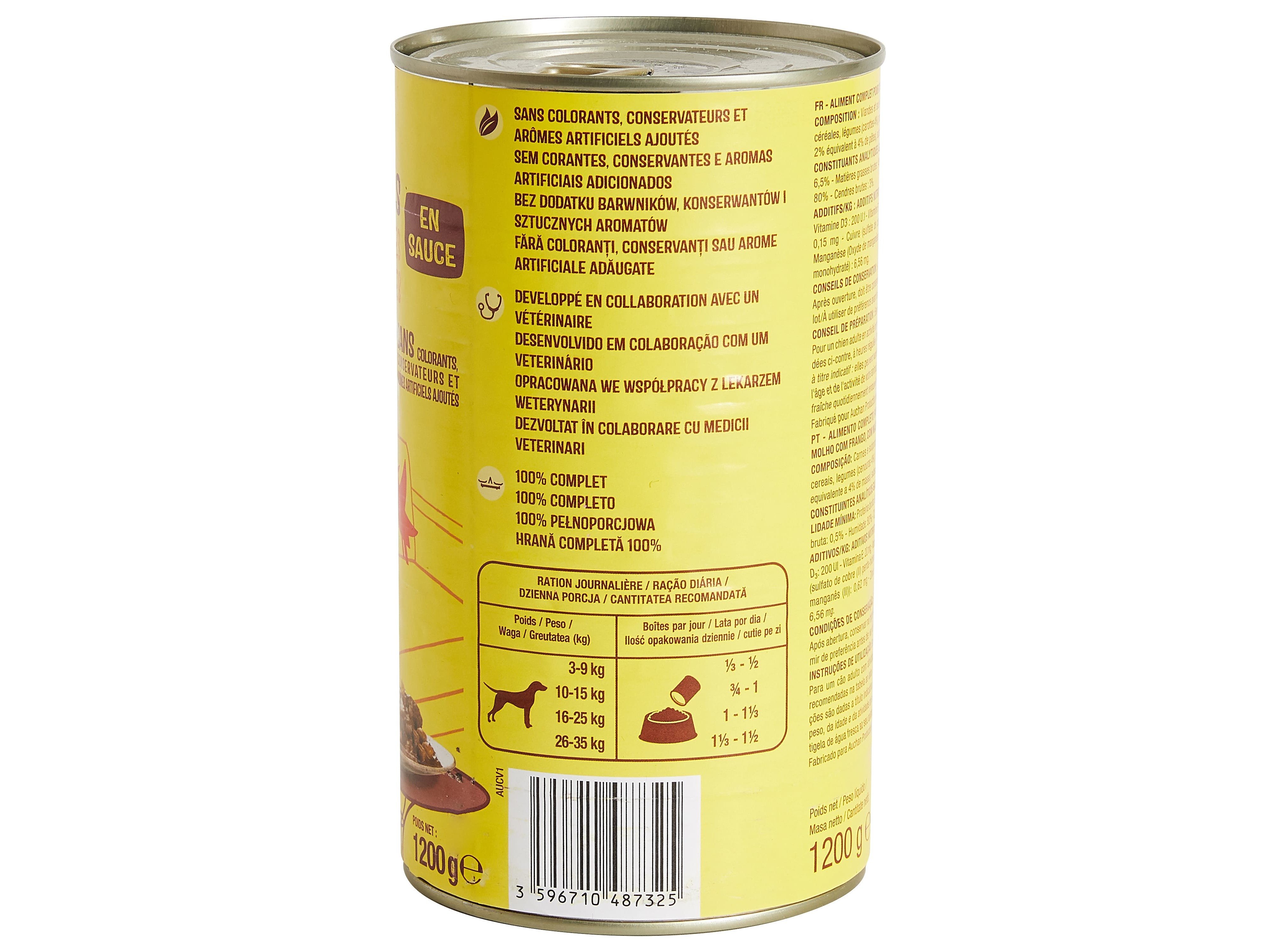 COMIDA HÚMIDA PARA CÃO AUCHAN PEDAÇOS EM MOLHO COM FRANGO COM MASSA E COM CENOURAS 1200G