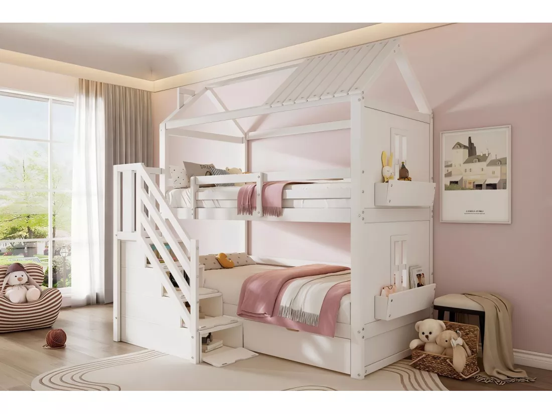Lits superposés cabane, 2x90x200cm, avec espace de rangement escaliers et tiroirs et étagères