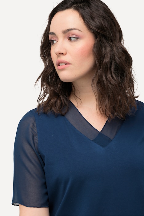 T-Shirt, Chiffon-Blende, V-Ausschnitt, Chiffon-Halbarm