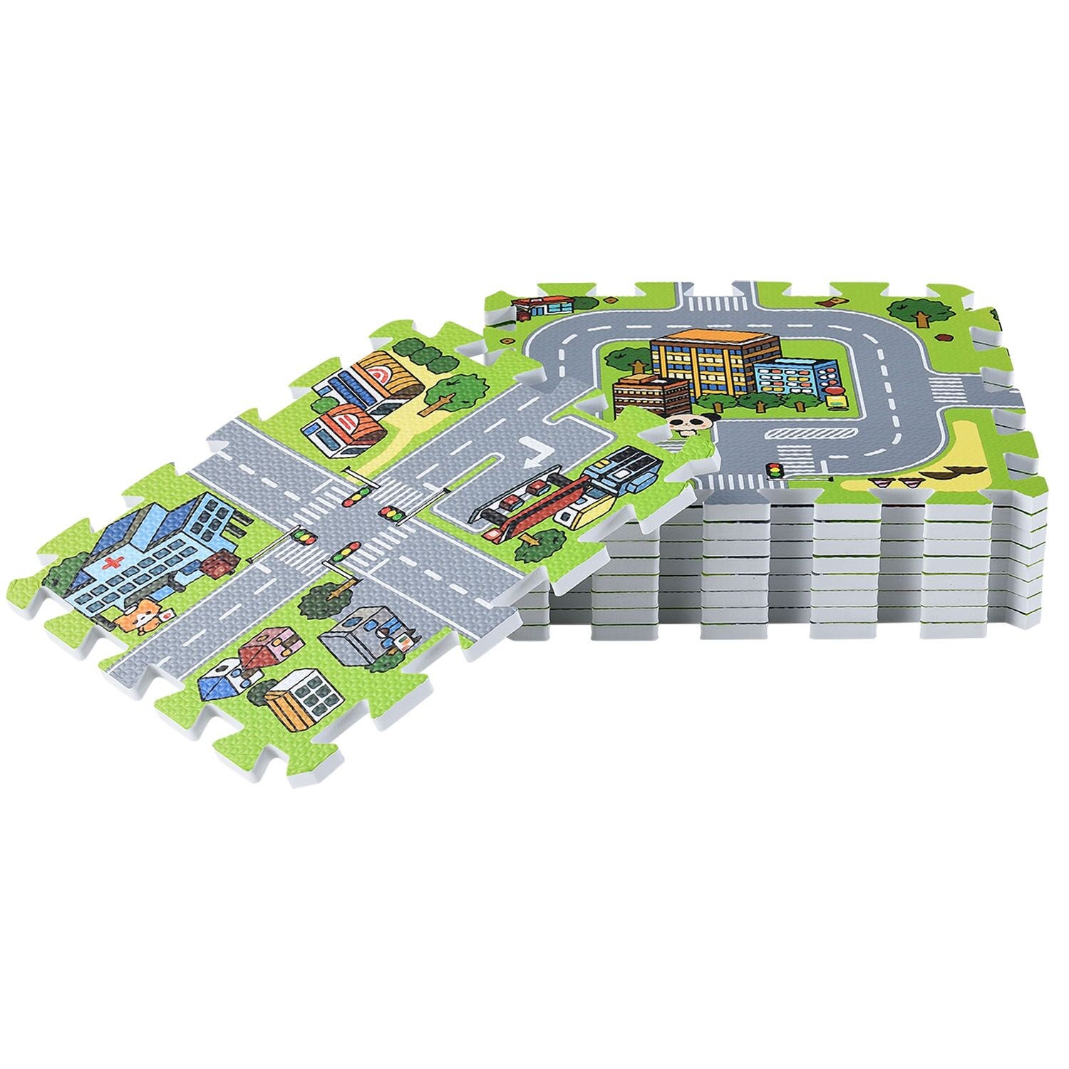 Juskys Kinder Puzzlematte Jascha 9 Teile - Stadt & Straßen – rutschfest – Spielmatte ab 10 Monate