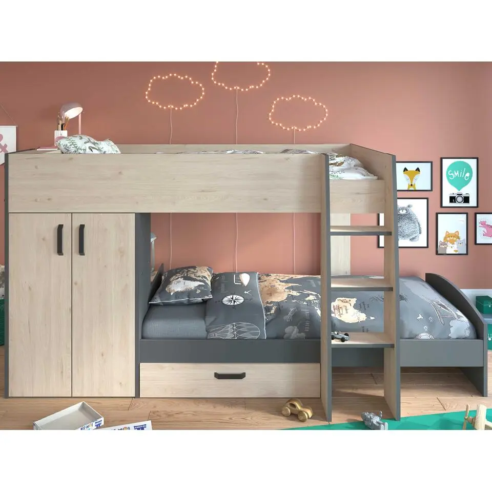 Stapelbed Stim met kast & lade - eik/grijs