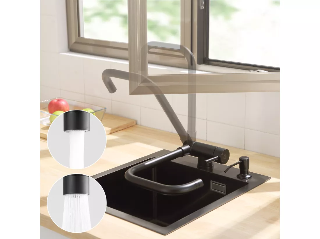 Cecipa max Évier 1 Bac 70×45 CM Noir avec Egouttoir, Vasque et Distributeur de Savon + Mitigeur Rabattable Noir Robinet Pliable Mitigeur Sous Fenêtre