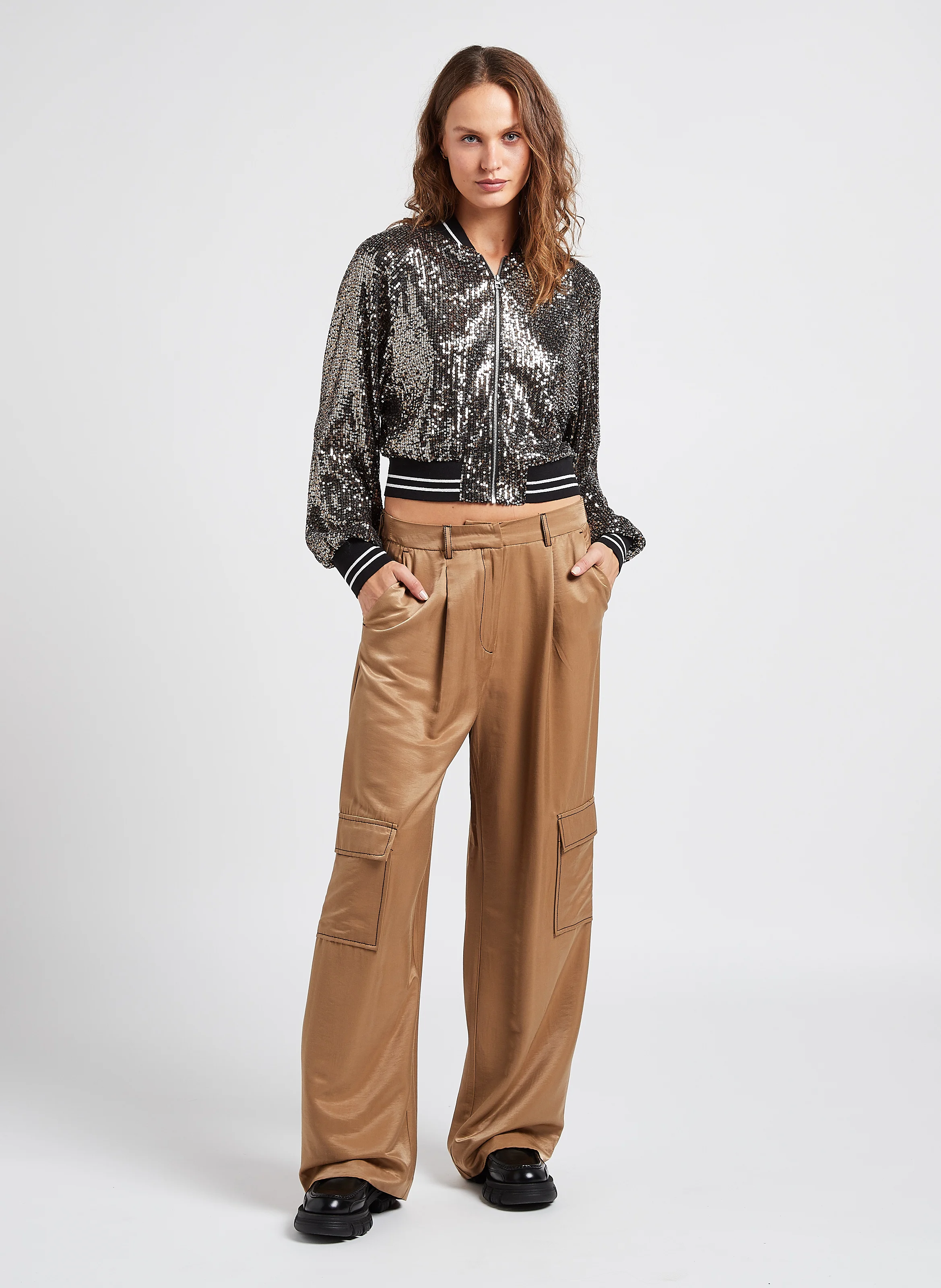 CILIE - Pantalon large satiné| Marron