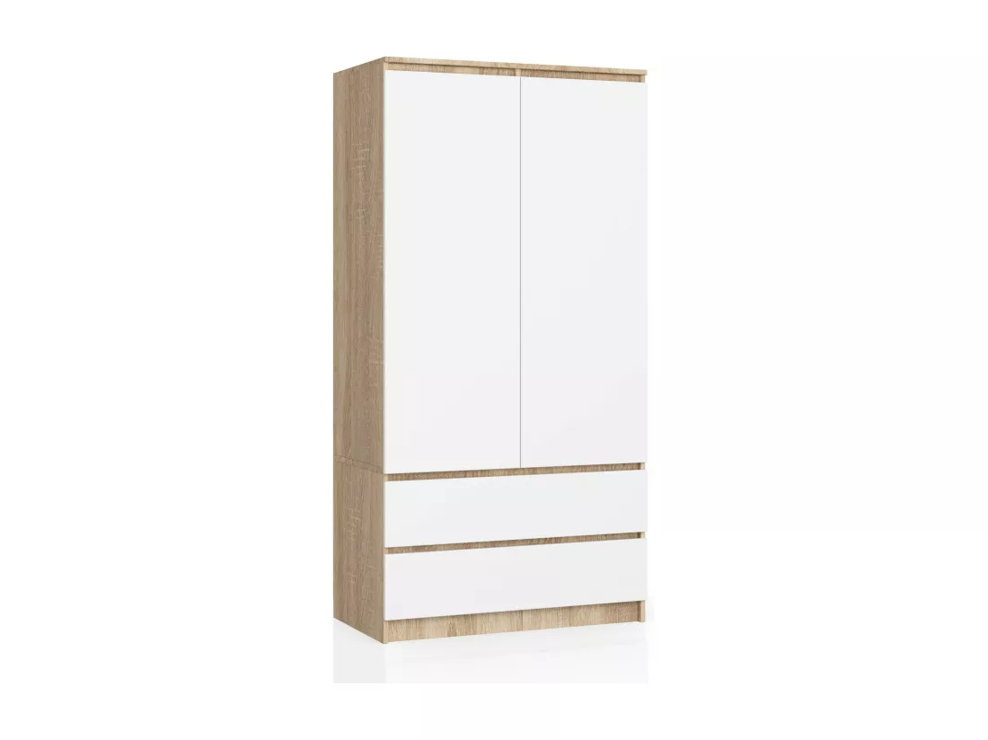 Armoire AKORD S90 Chêne Sonoma 90 cm 2 portes 2 tiroirs façade Blanche 4 étagères 90x51x180 cm