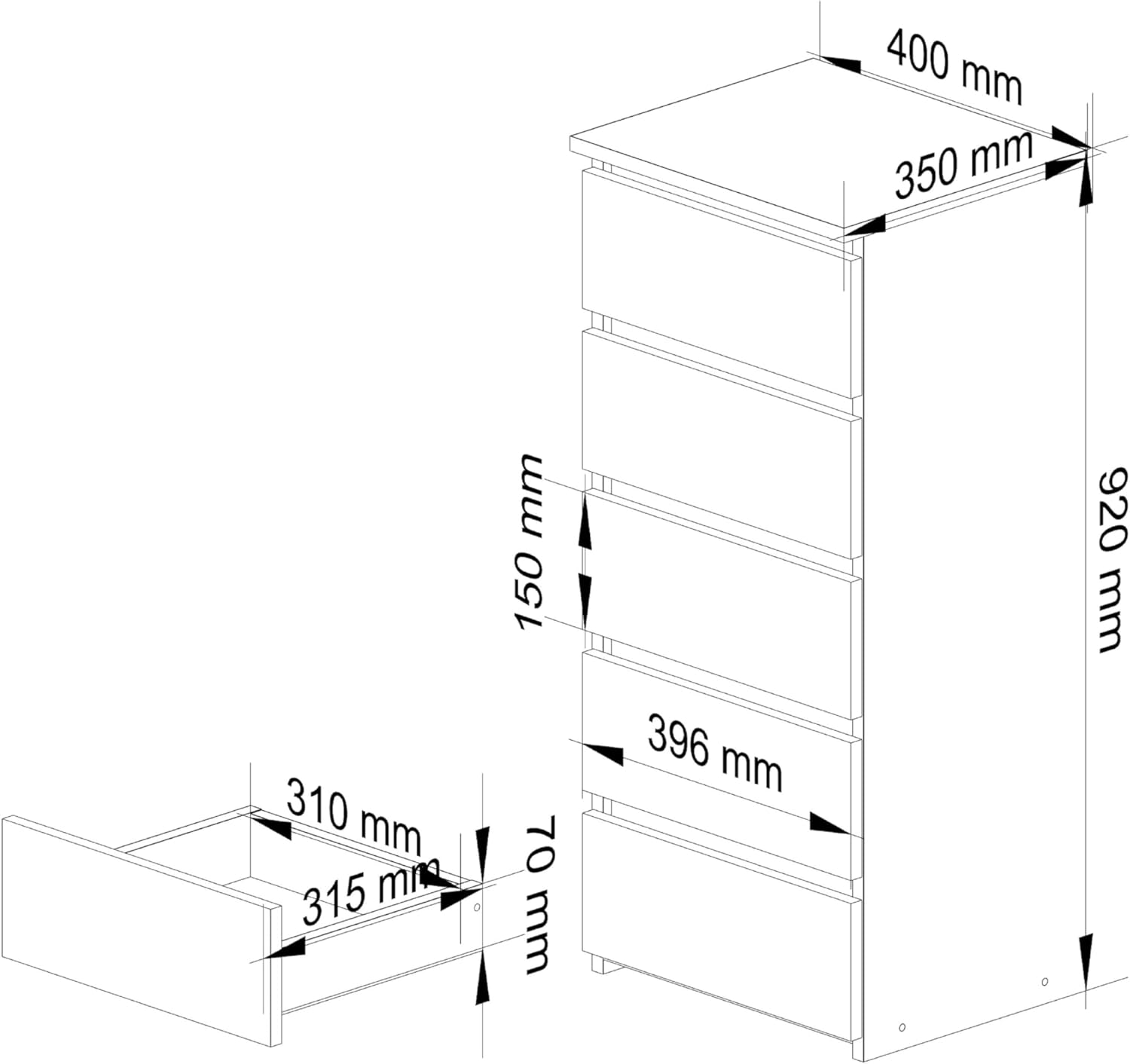 Home Collective Kommode mit fünf Schubladen, elegant, für minimalistische Innenräume, 92 cm hoch und 40 cm breit, Wohnzimmer, Schlafzimmer, Flur, Schrank, Sideboard, Highboard, viel Stauraum, weiß