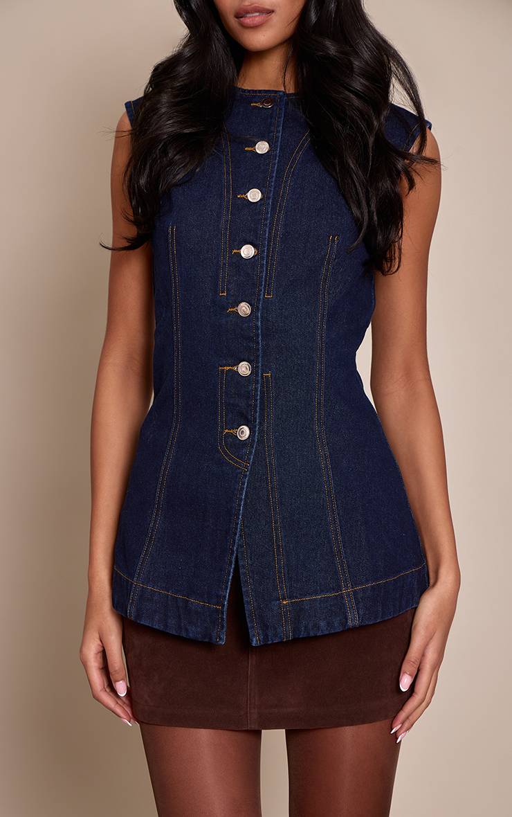 Bleu Indigo Haut En Denim Sans Manches Long Pour Grande Taille