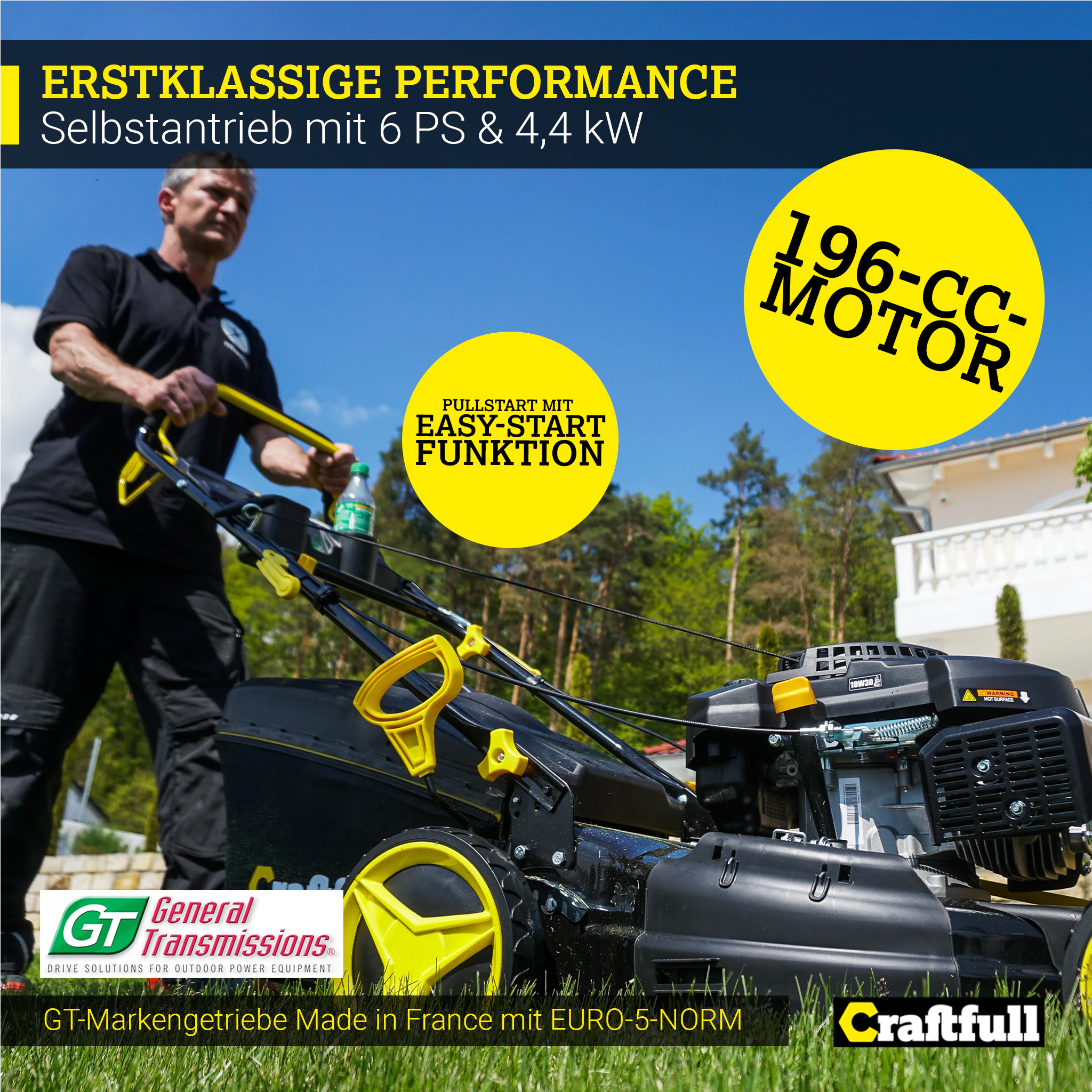 Craftfull Premium Benzin-Rasenmäher CR-196-10, 5in1, GT-Markengetriebe, 196cc-Motor, 4,4 kW, Euro 5 (Schwarz/Gelb)