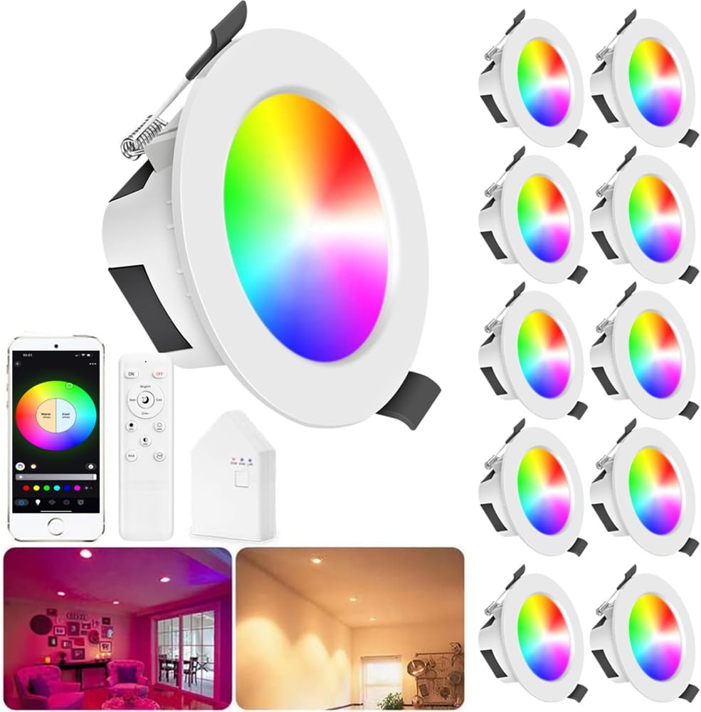 10er WIFI Bluetooth 9W Intelligent LED Einbaustrahler Downlight RGBIC+Warmweiß/Kaltweiß/Weiß 5 in 1 Einbauleuchte Spot Dimmbar 230V Einbauleuchten mit Fernbedienung,Smart Bridge