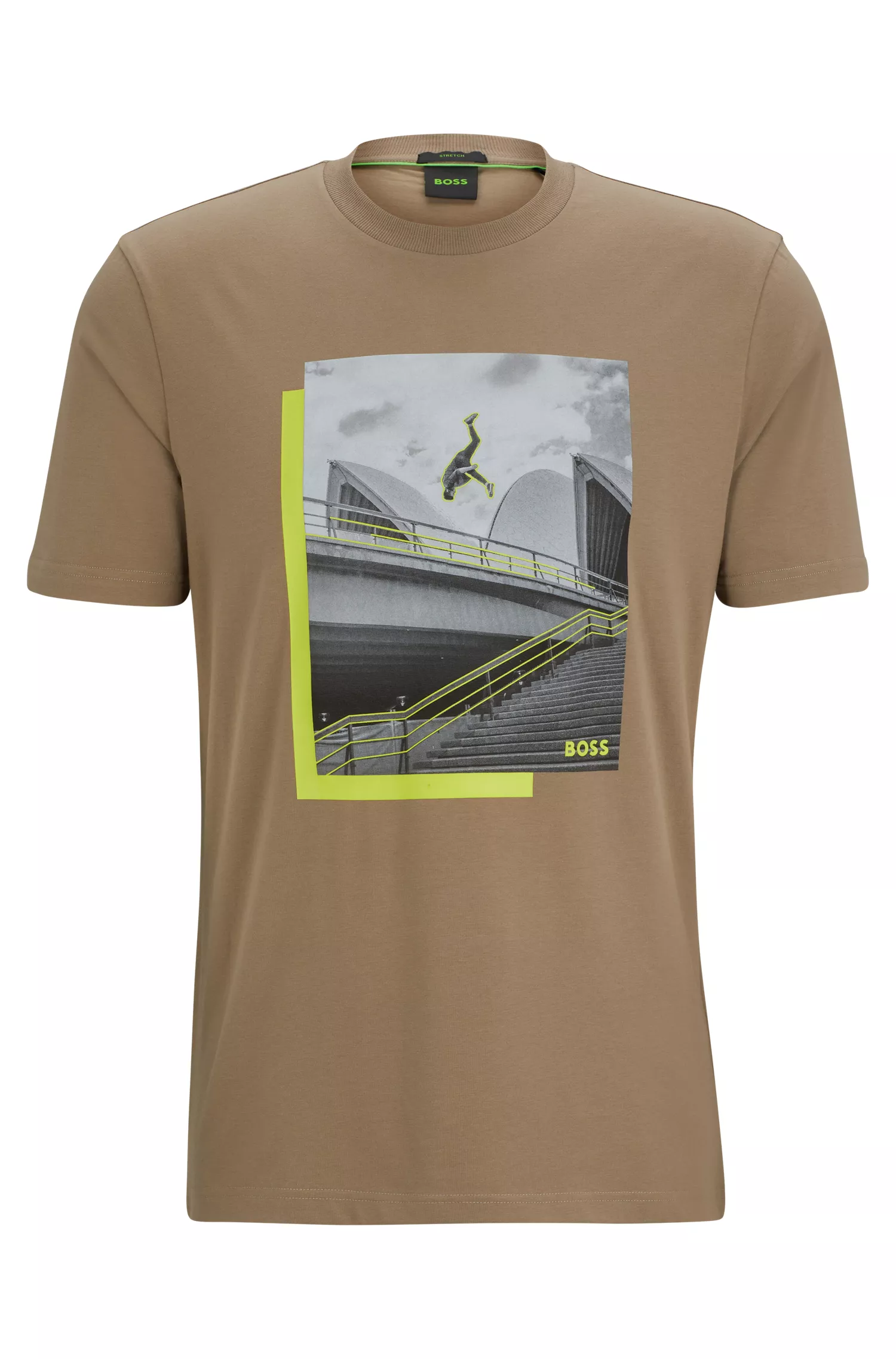 Camiseta BOSS verde com estampa fotográfica em malha de algodão stretch