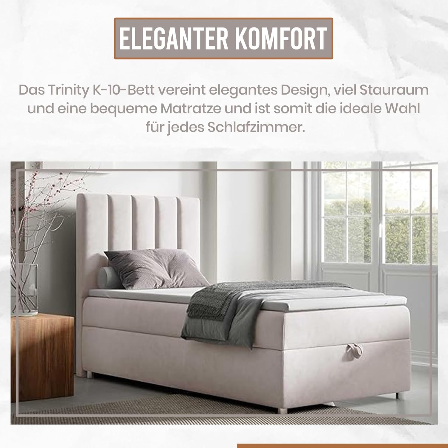 Trinity K10 EinzelBett | Boxspringbett mit Bonell Federkernmatratze 100x200 | MatratzenTopper 100x200 | Bett mit Matratze | Bett mit Stauraum