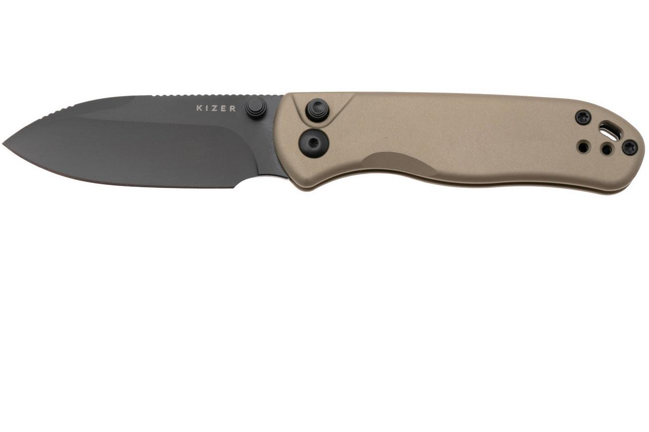 Kizer Vanguard Drop Bear 2, V3619-2CD1 Black DLC Nitro-V, Tan Aluminum, zakmes, Azo design