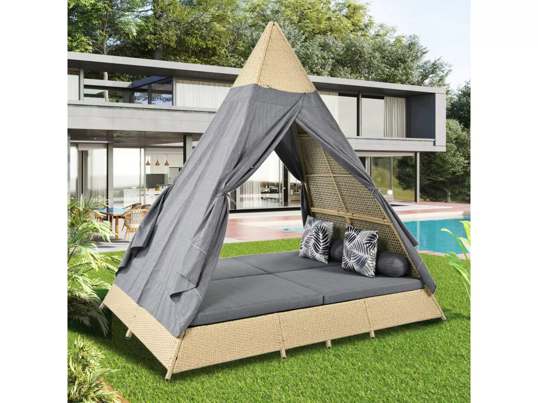 Salon de jardin pour 2 à 4 personnes, tente en rotin, rotin beige, rideau de porte gris, coussins amovibles et lavables