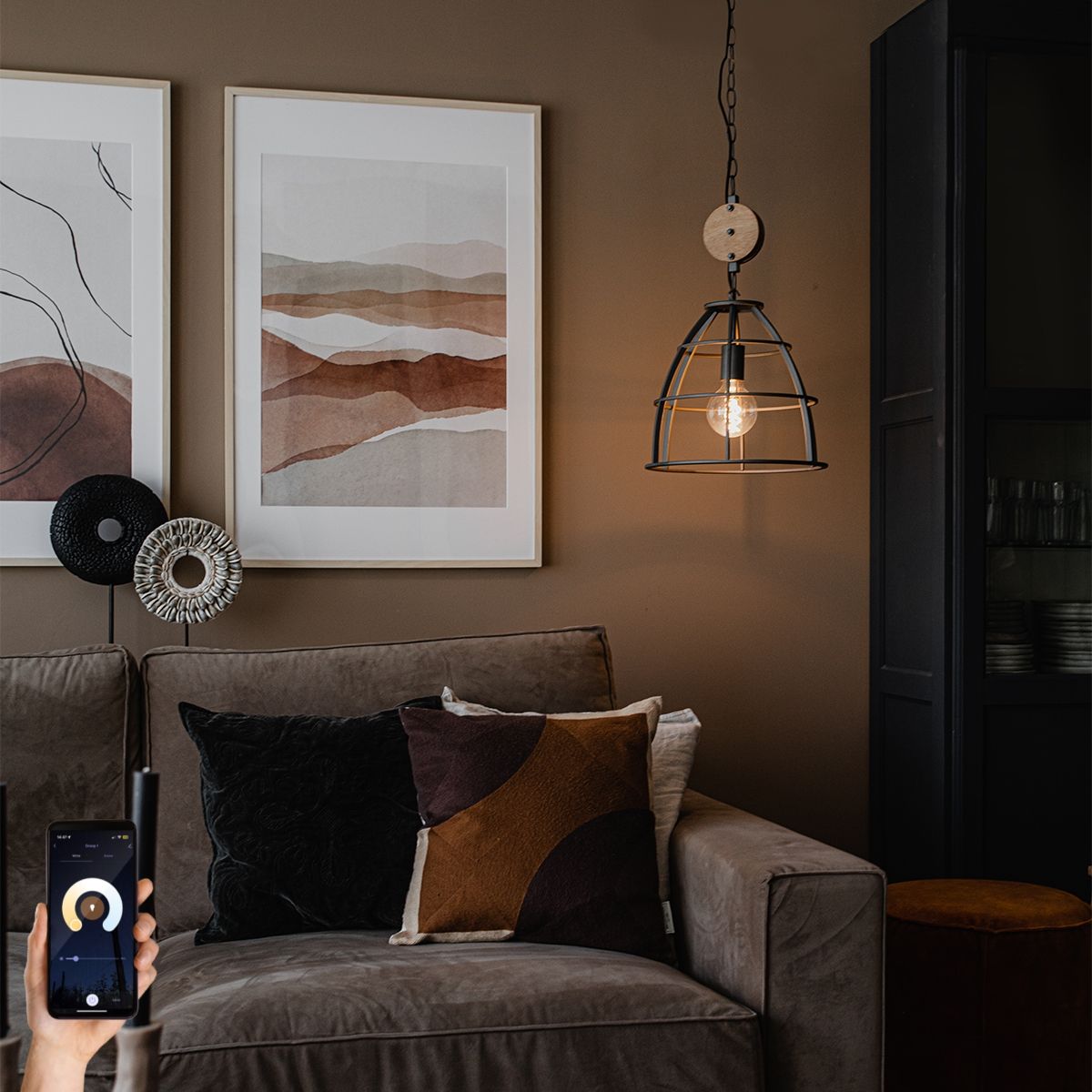 Smart hanglamp donkergrijs met hout 34 cm incl. Wifi G95 - Arthur