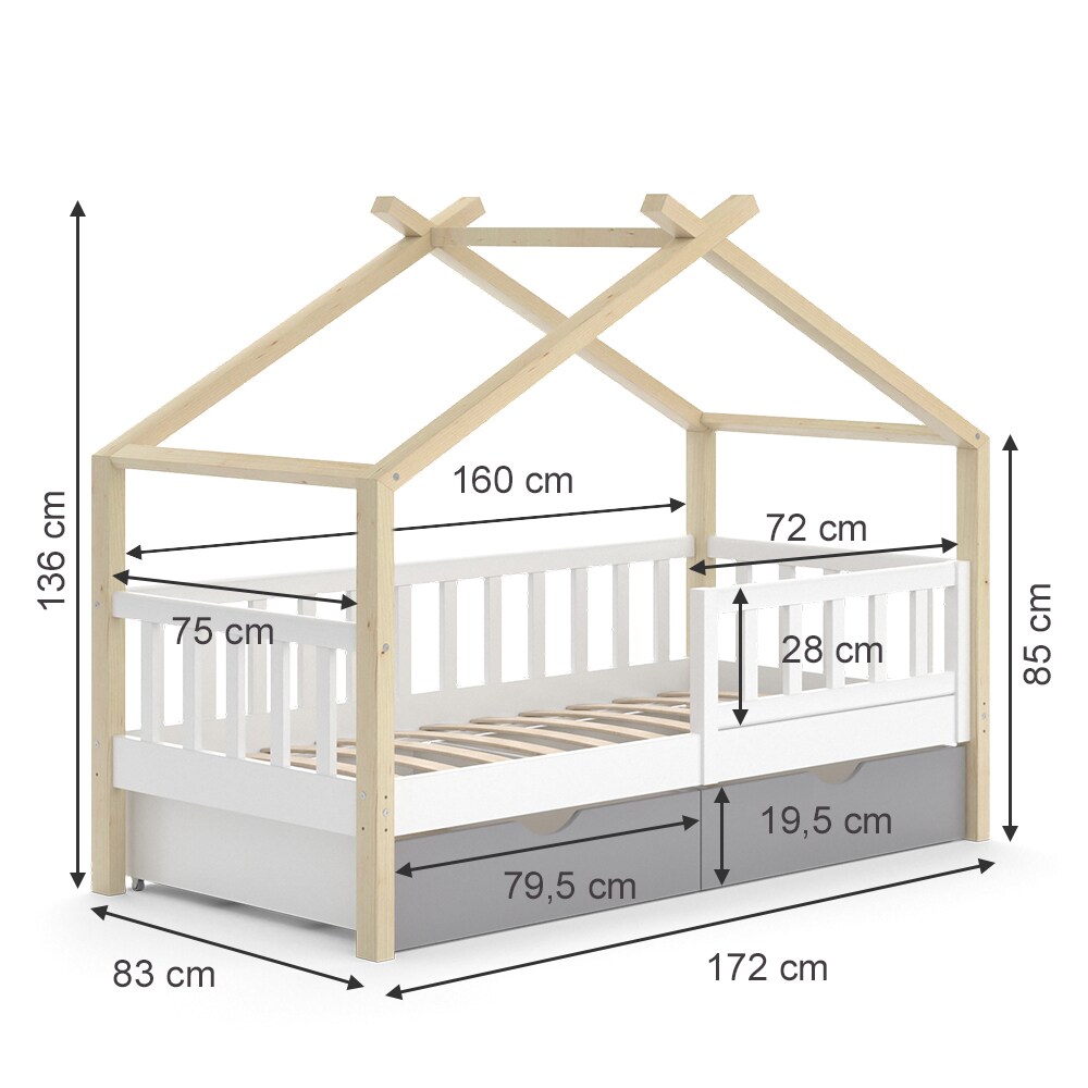 VitaliSpa Kinderbett Hausbett Einzelbett Design Weiß Grau Natur modern 80x160 cm Kinderzimmer Bett Massivholz Lattenrost Schublade Rausfallschutz Schubladenbett Matratze