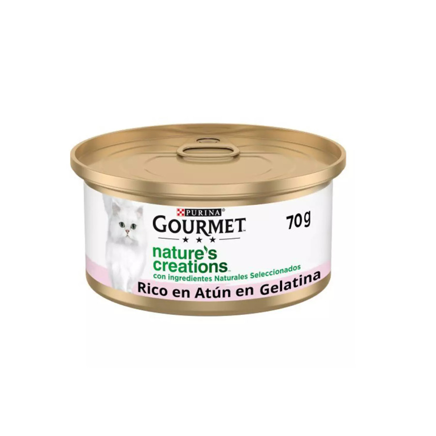 Ração líquida Gourmet Nature's Creations com atum e camarão em gelatina para gatos.