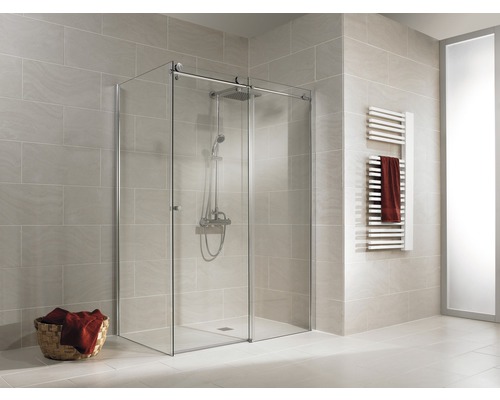 Douchedeur met zijpaneel en schuifdeur SCHULTE MasterClass ExpressPlus 120 x 80 cm, chroomprofiel, helder glas, vuilafstotende coating, deur rechtsdraaiend, zijpaneel linksdraaiend
