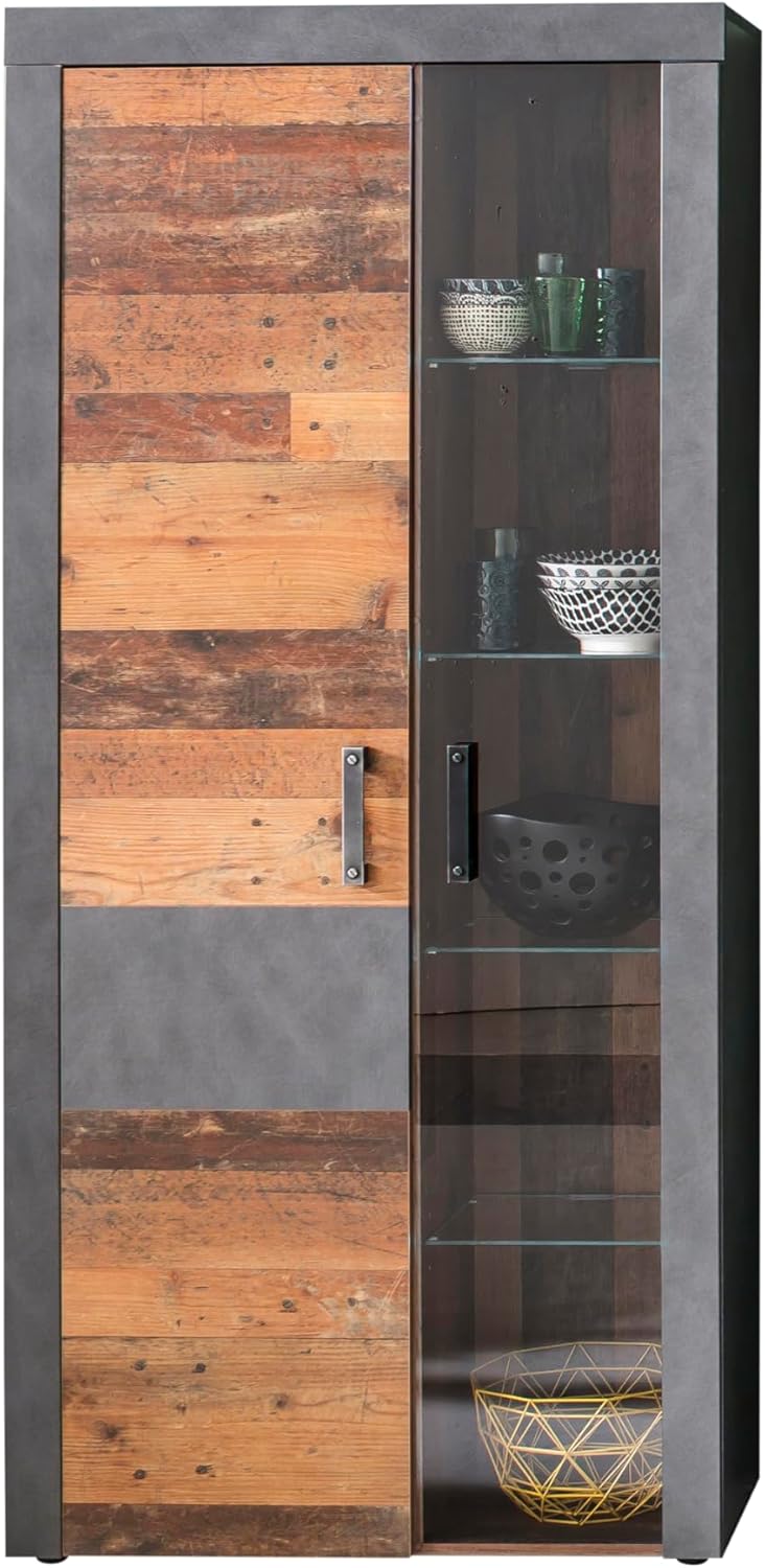 trendteam smart living - Indy - Regalschrank - Grau/Eiche - Stauraumvitrine mit 2 Türen, 4 Glasböden, 1 Konstruktionseboden und 3 Einlegeböden - (BxHxT) 87 x 189 x 34 cm - antikfarbene Griffe