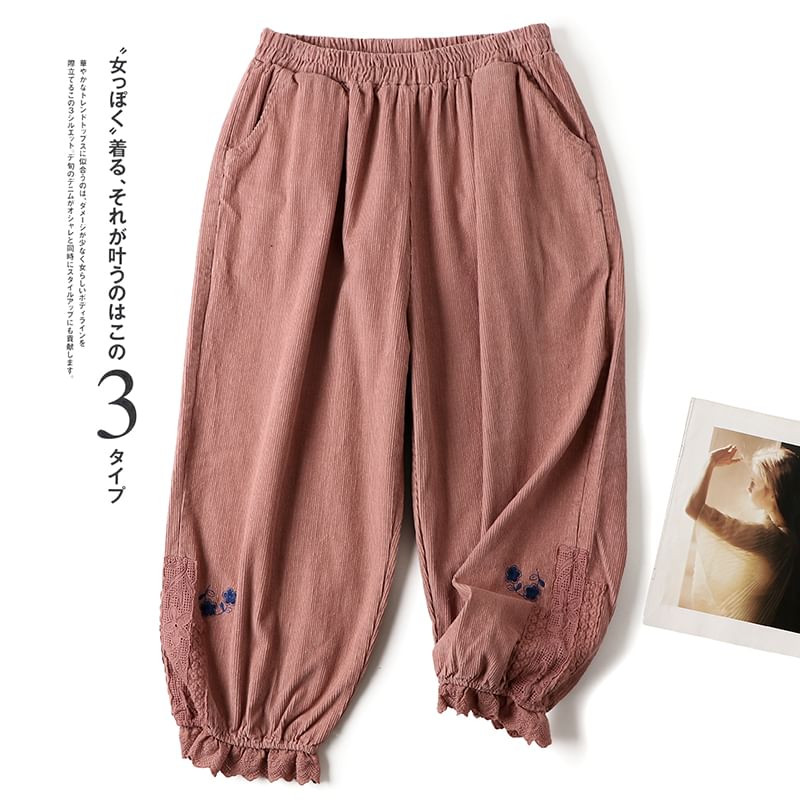 CosmoCorner - Corduroy Harembroek met elastische taille en bloemenaccent