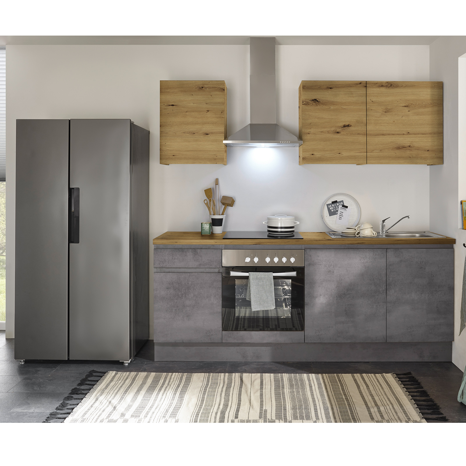 Küchenblock - Chromix anthrazit - Artisan Eiche - mit E-Geräten - 220 cm