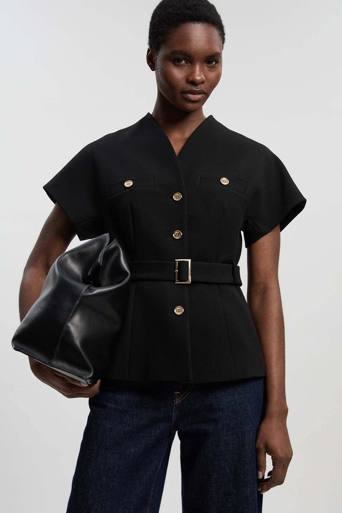 KarenMillen Haut Ceinturé À Col Montant En Tissu Stretch Compact Texturé