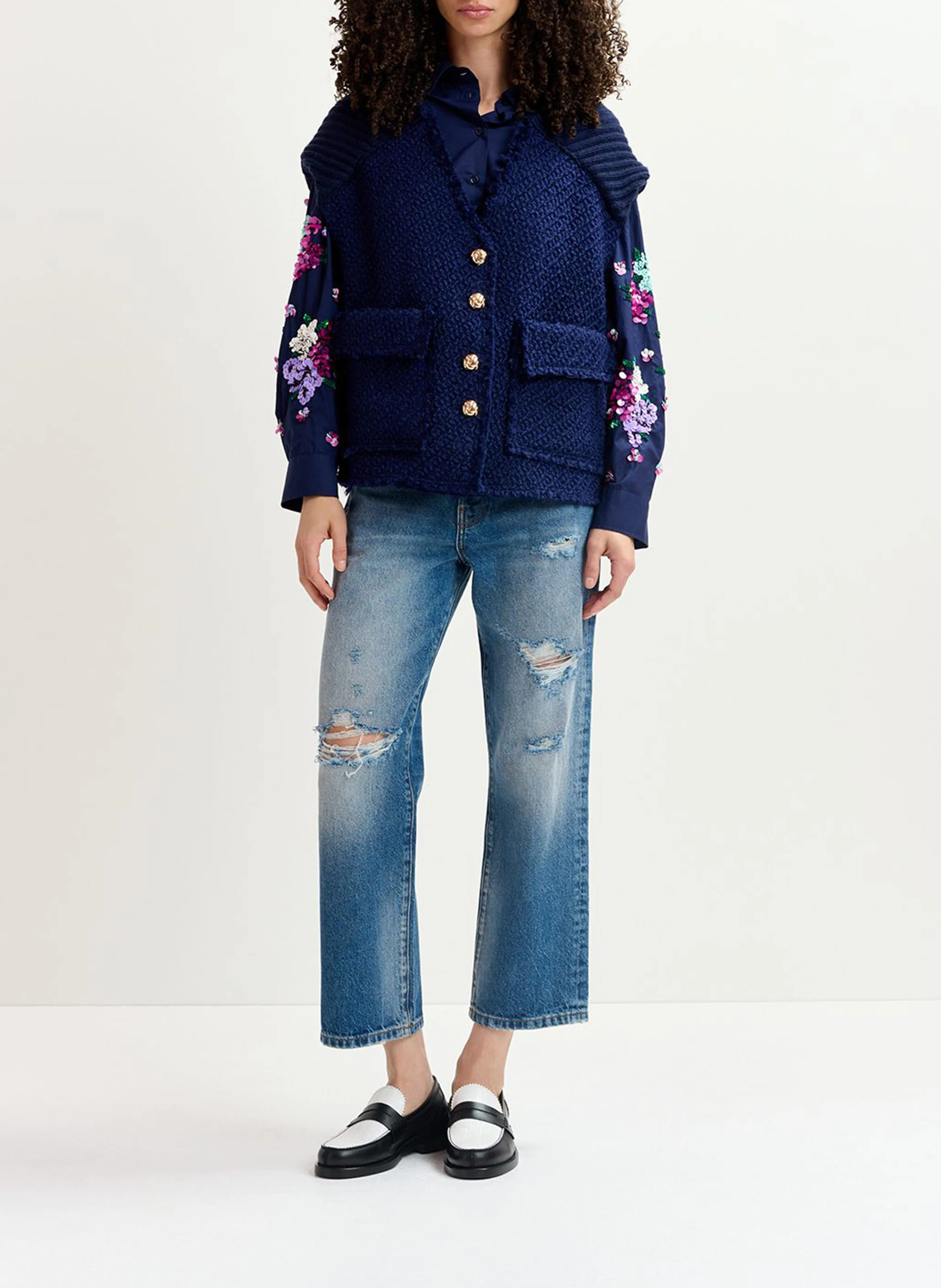 GEOLOGIC - Veste sans manches col V ample en laine mélangée | Bleu