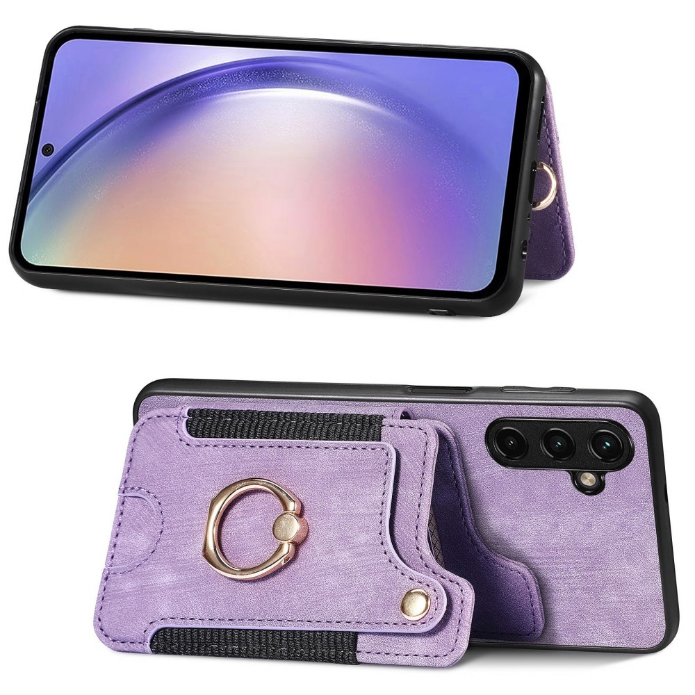 Samsung Galaxy A54 5G Necklace Leder Hülle mit Kartenfächer   Finger Griff Halterung   Handykette (RFID Schutz) - Lila