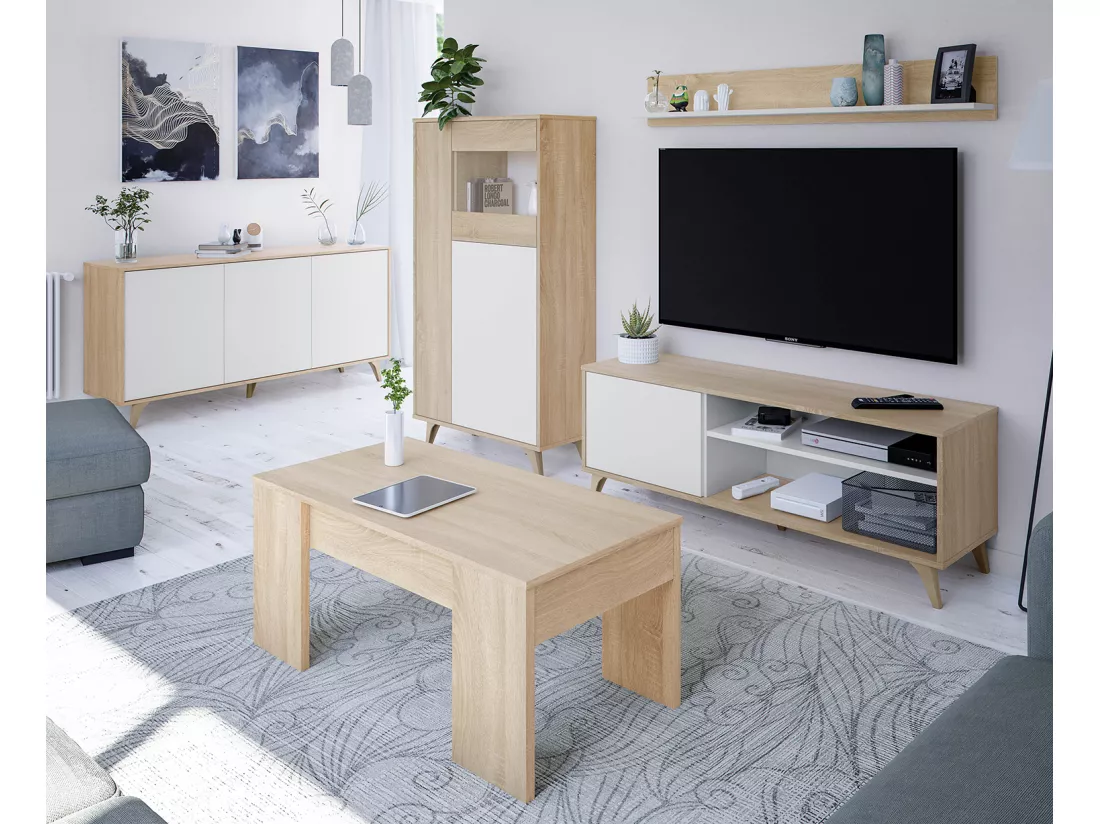 Buffet meuble de rangement en mélamine coloris chêne Canadian blanc artik - Hauteur 75 x Longueur 154 cm x Profondeur 40 cm