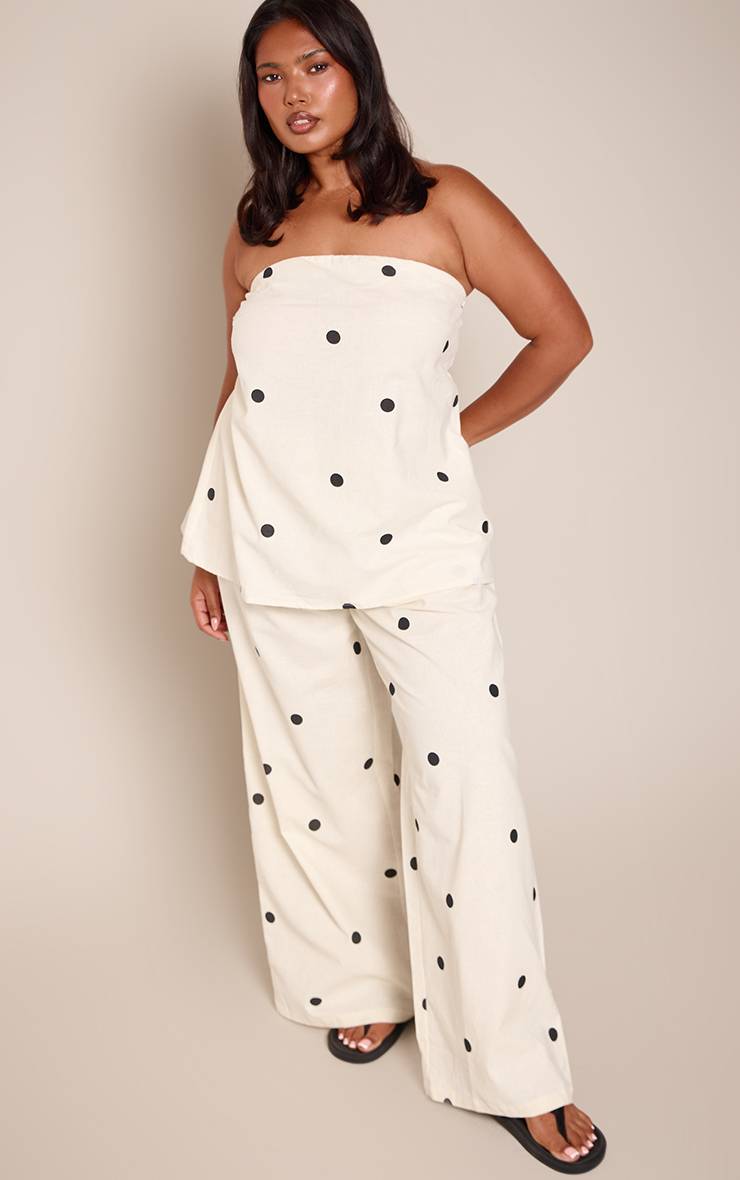 Crème Pantalon Large À Pois Aspect Lin Chocolat Grande Taille Co-ord