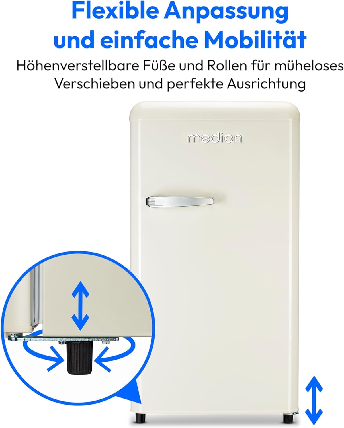 MEDION Retro Kühlschrank (91 Liter, 91cm Höhe (höhenverstellbare Füße), höhenverstellbare Glasablagen, transparente Gemüseschublade, freistehend, Türanschlag rechts, Metall Türgriff, MD37800) cream