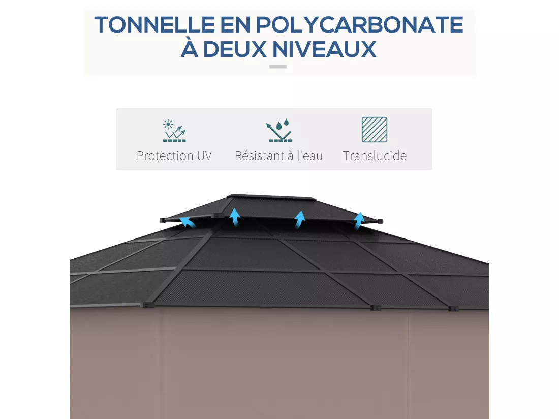 Pavillon de jardin tonnelle rigide dim. 3,6L x 3l x 2,78H m rideaux latéraux anti-UV structure gris toit polycarbonate noir