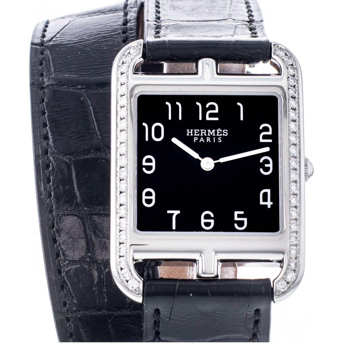 Montre d'occasion Hermès Cape Cod femme acier bracelet cuir noir
