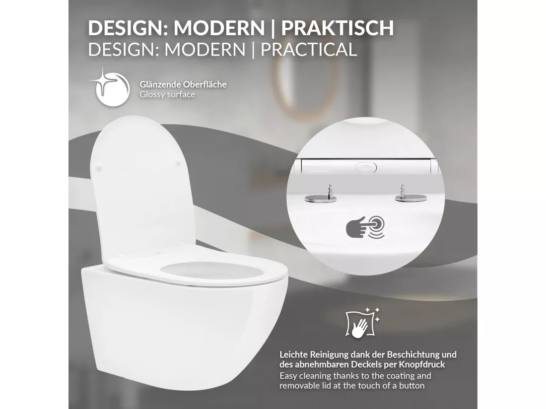 Toilette suspendu sans rebord blanc au siège WC Soft Close chasse d'eau tornado