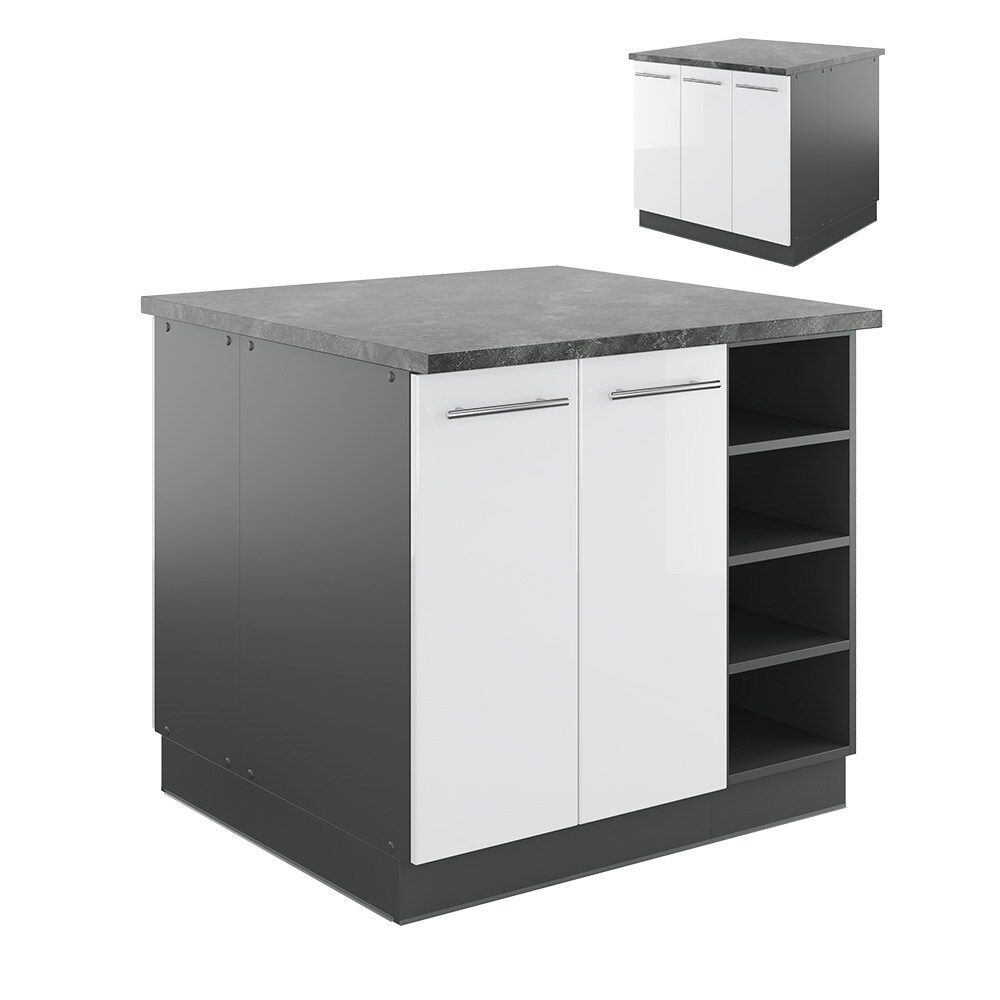 Vicco Kücheninsel Küchenblock Einbauküche Fame-Line Anthrazit Weiß 90 cm modern Hochglanz Küchen Schränke Regalunterschrank Küchenunterschrank Regalinselunterschrank Softclose-Scharnier Küchenmöbel