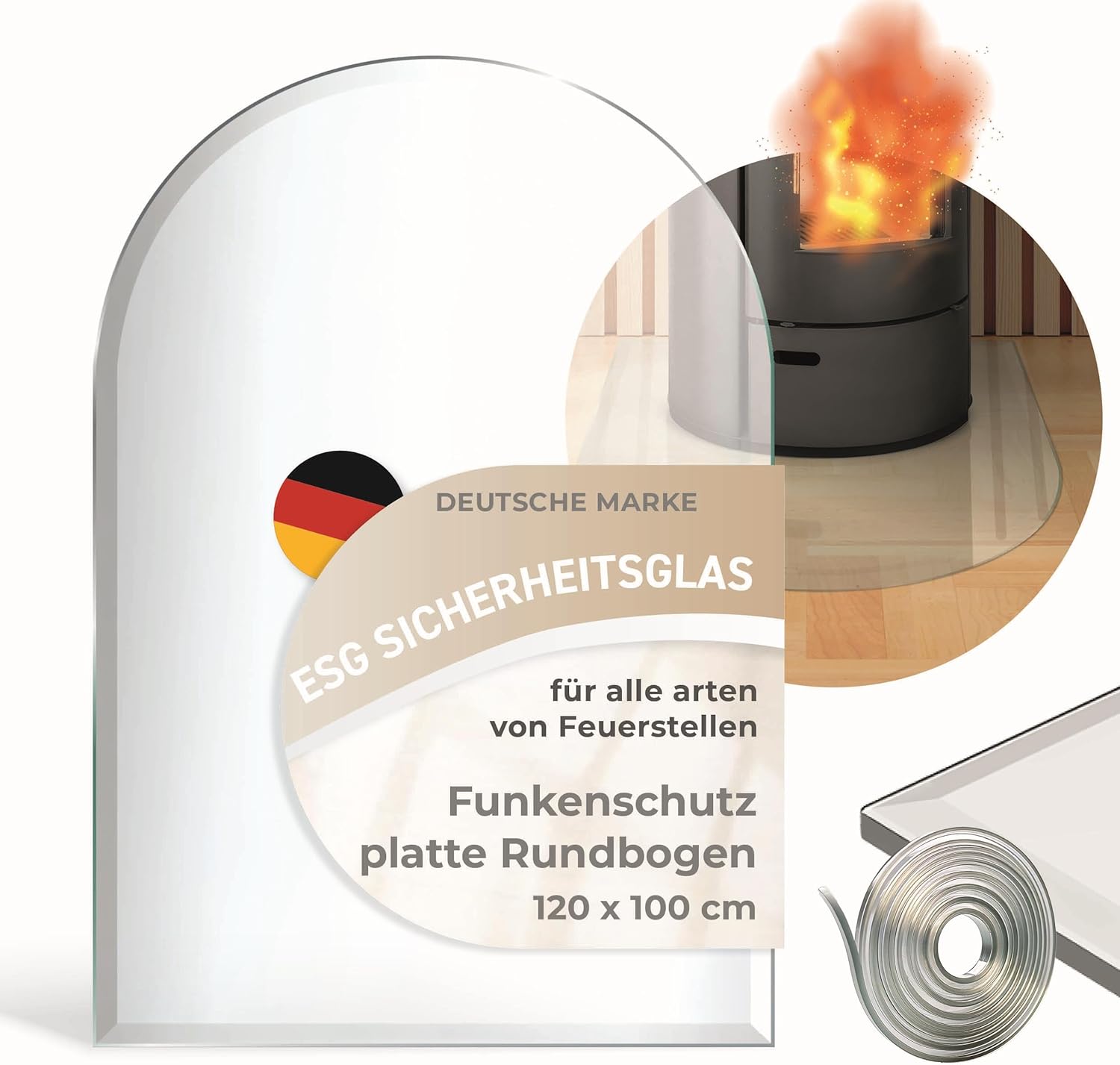 Funkenschutzplatte Glas Rundbogen 120x100cm – Glasplatte für Kaminofen - Kaminglas Zunge mit Dichtlippe - 8mm ESG Kamin Glasplatte mit Facettenschliff – Kaminschutz Feuerplatte für Kaminofen