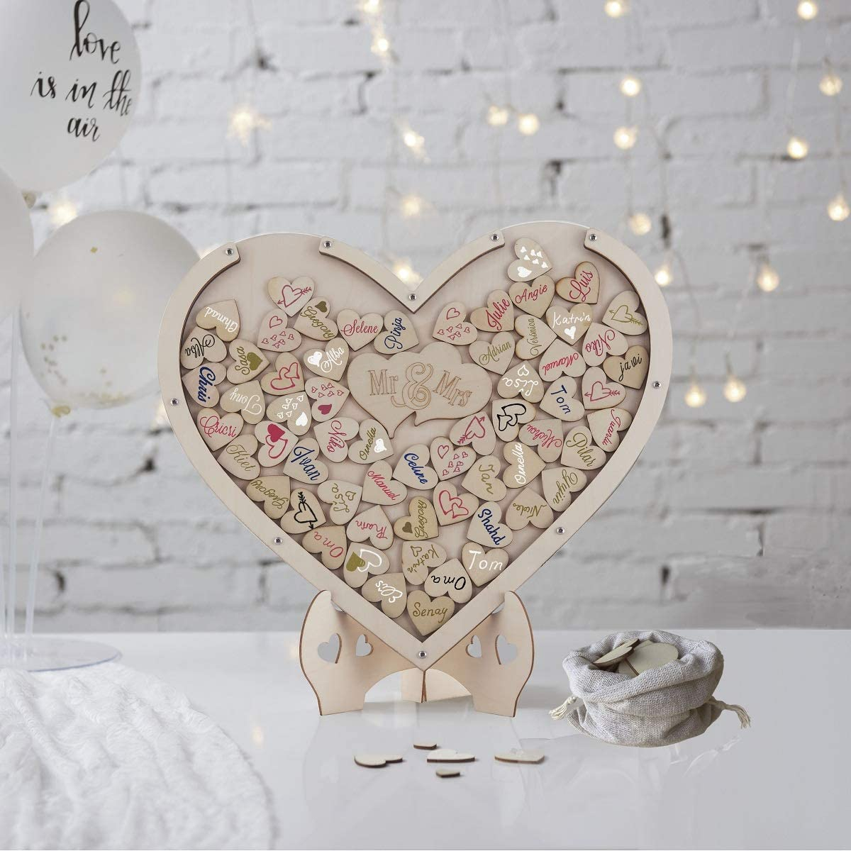 (370x320mm) Echtholz Herz Hochzeits Gästebuch Aufstellbares Party Guest Book - 80 Gäste